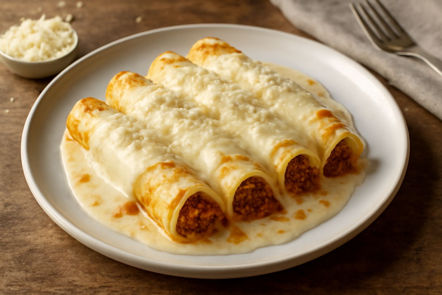 Crepes arrotolate al ragù disposte in una pirofila, ricoperte di besciamella bianca cremosa e formaggio grattugiato, con ragù rosso visibile nei bordi, pronte per il forno
