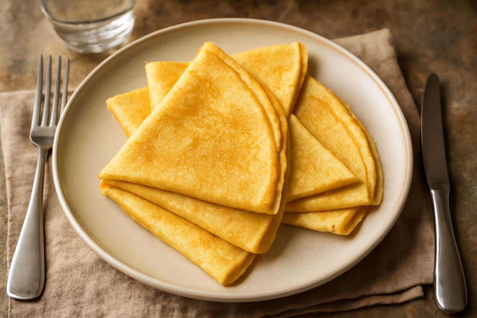Stack di tre crepes di frumento piegate a triangolo, colore dorato uniforme, servite su piatto bianco con bordo di meringa o fragole rosse, luce naturale da sinistra