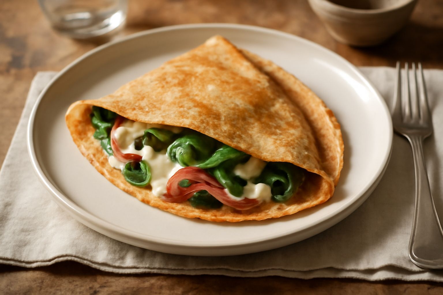Tre crepes salate piegate a triangolo su piatto bianco, ripiene di formaggio fuso e spinaci, bordi leggermente dorati, guarnite con prezzemolo fresco verde