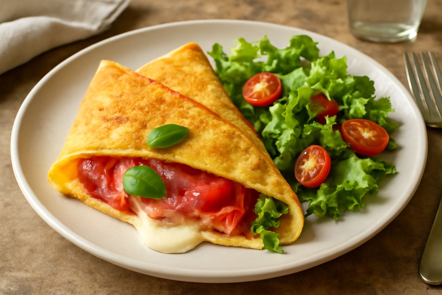 Crepes salate piegate a triangolo su un piatto bianco, ripiena di mozzarella filante e prosciutto rosato, con pomodoro fresco visibile, guarnite con basilico verde