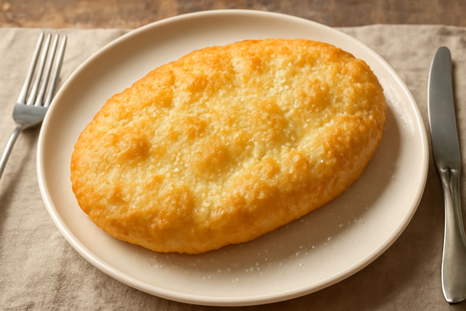 Crescenta di Ferrara dorata e croccante in un piatto bianco, spezzata a metà per mostrare la struttura interna, cosparsa di sale grosso, con vapore ancora visibile