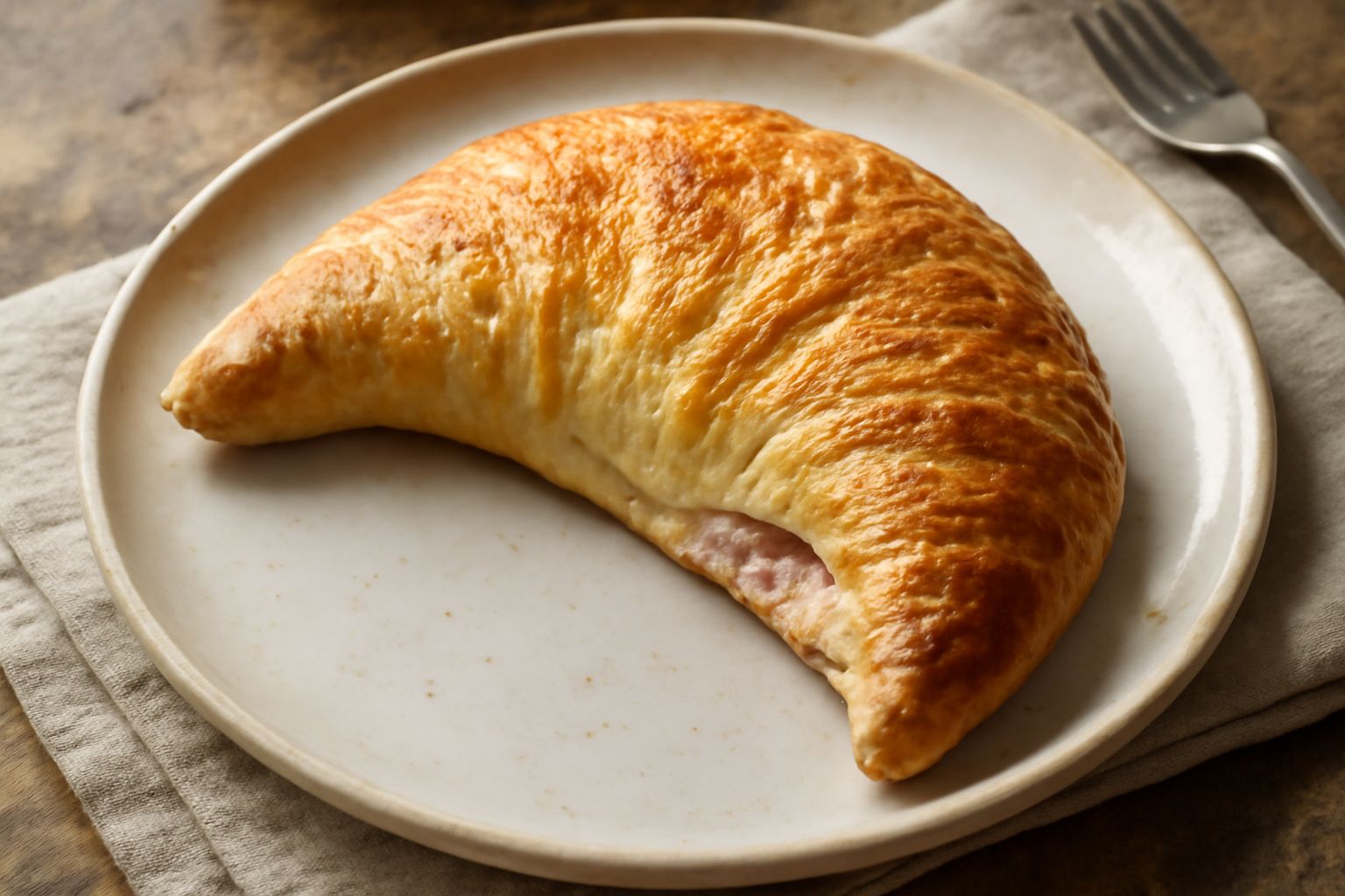 Crescente di pasta sfoglia dorata e croccante su piatto bianco, spezzato a metà per mostrare il ripieno cremoso, con briciole di sfoglia intorno e superficie caramellata