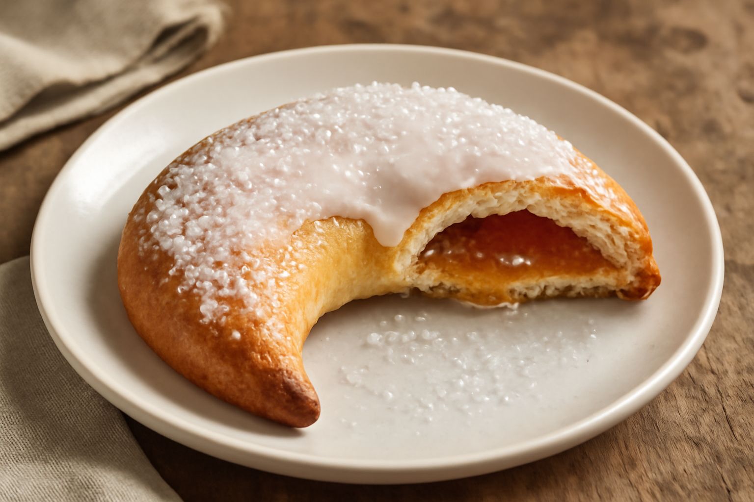 Crescente di Genazzano sfogliato e croccante, dorato in superficie, glassato di zucchero semolato, spaccato trasversale che mostra il ripieno di marmellata rosso scuro, su piatto bianco con fondo neut
