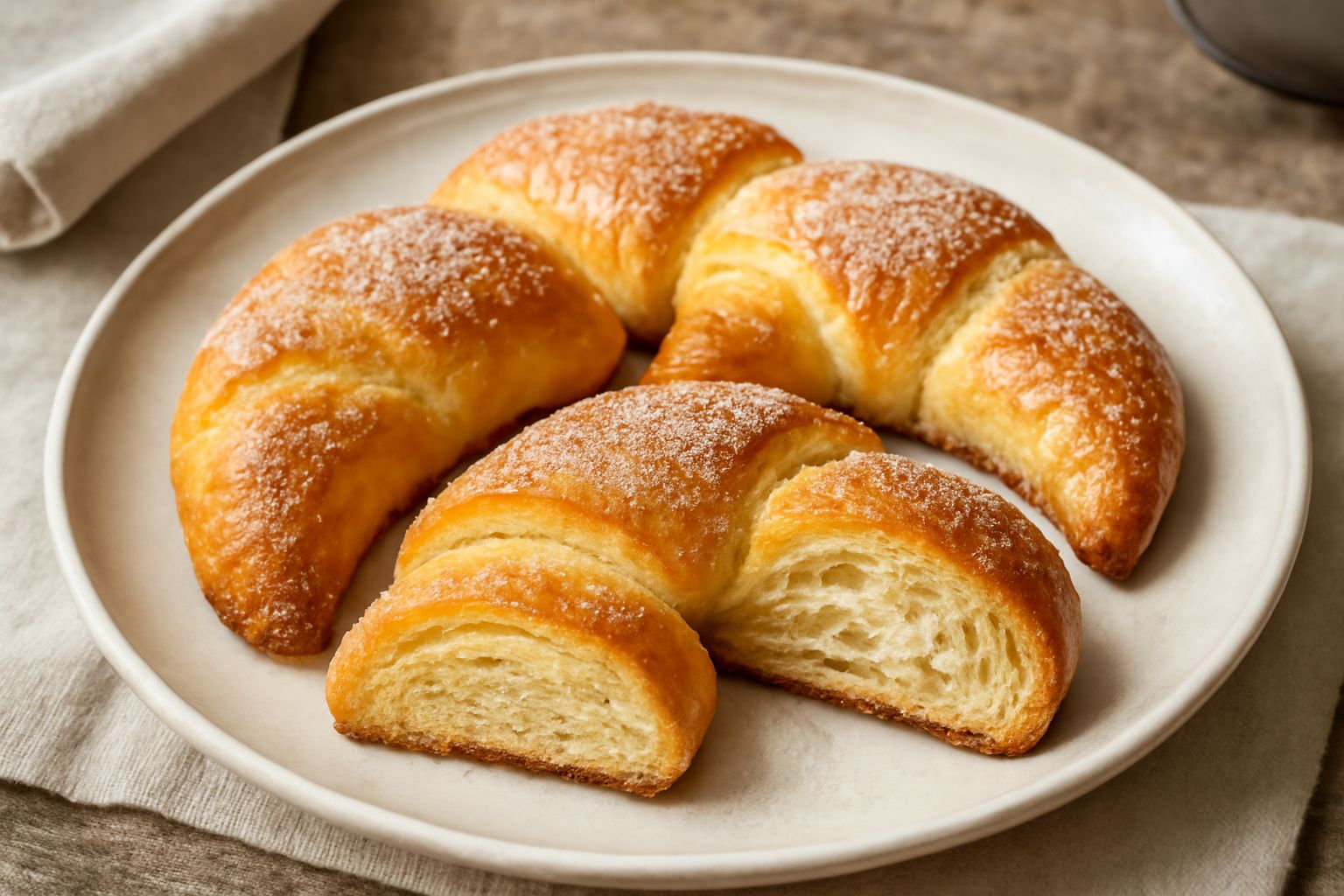 Crescenti dolci dorati e croccanti disposti su piatto bianco, a forma di mezzaluna, spolverati di zucchero semolato, con superficie brillante e sfoglia visibile in strati