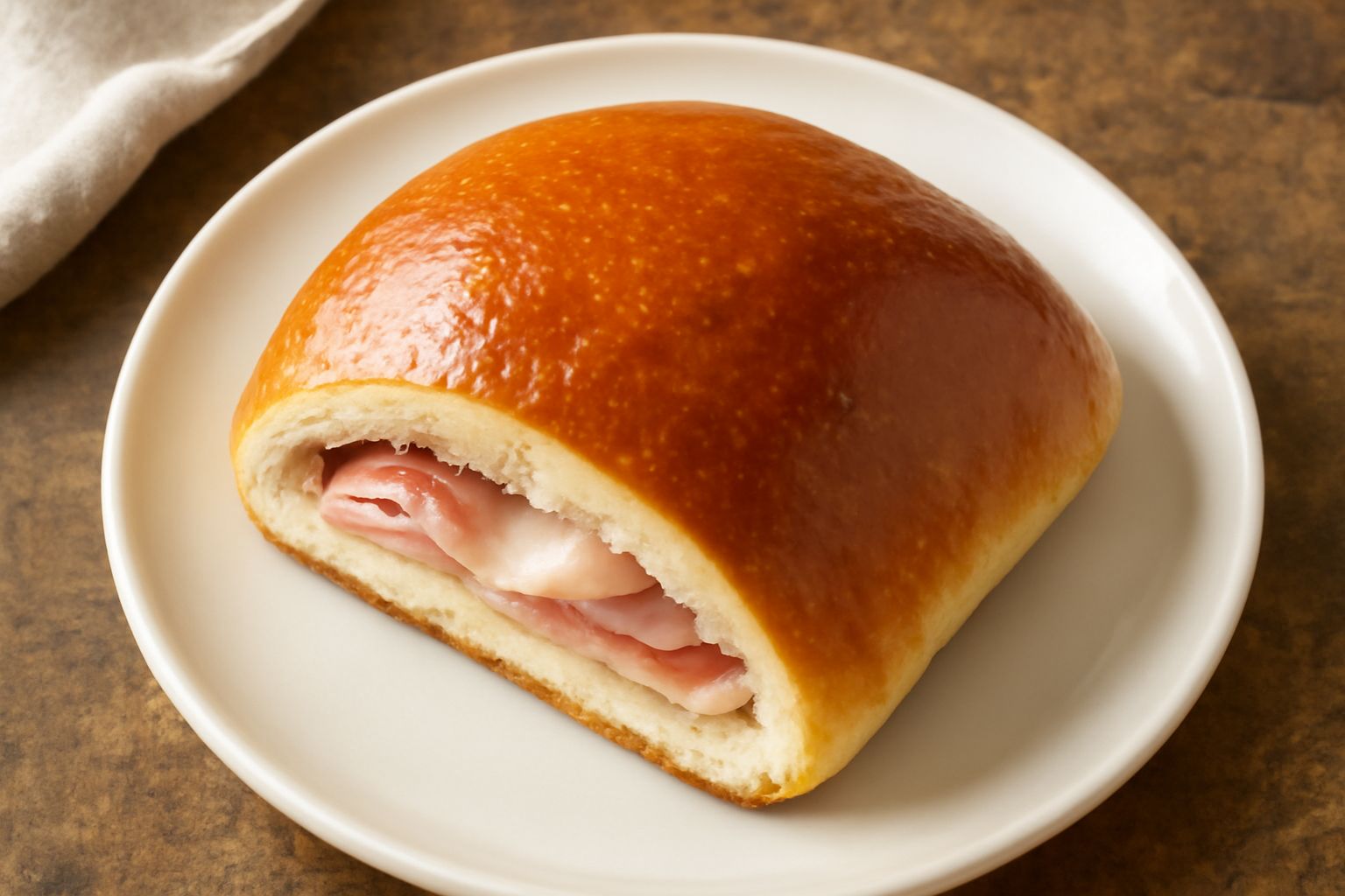 Crescente ripiena tagliata a metà, mostra l'interno dorato con prosciutto cotto e formaggio fuso, superficie superiore dorata e lucida, servita su piatto bianco con ingredienti sullo sfondo
