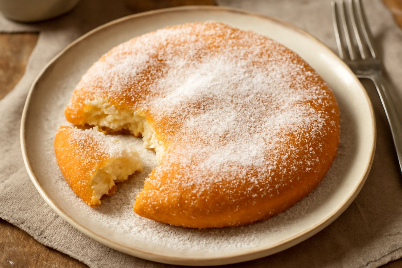 Crescentelle dorate e croccanti impilate su un piatto bianco, spolperate di zucchero a velo, con superficie lucida e friabile visibile