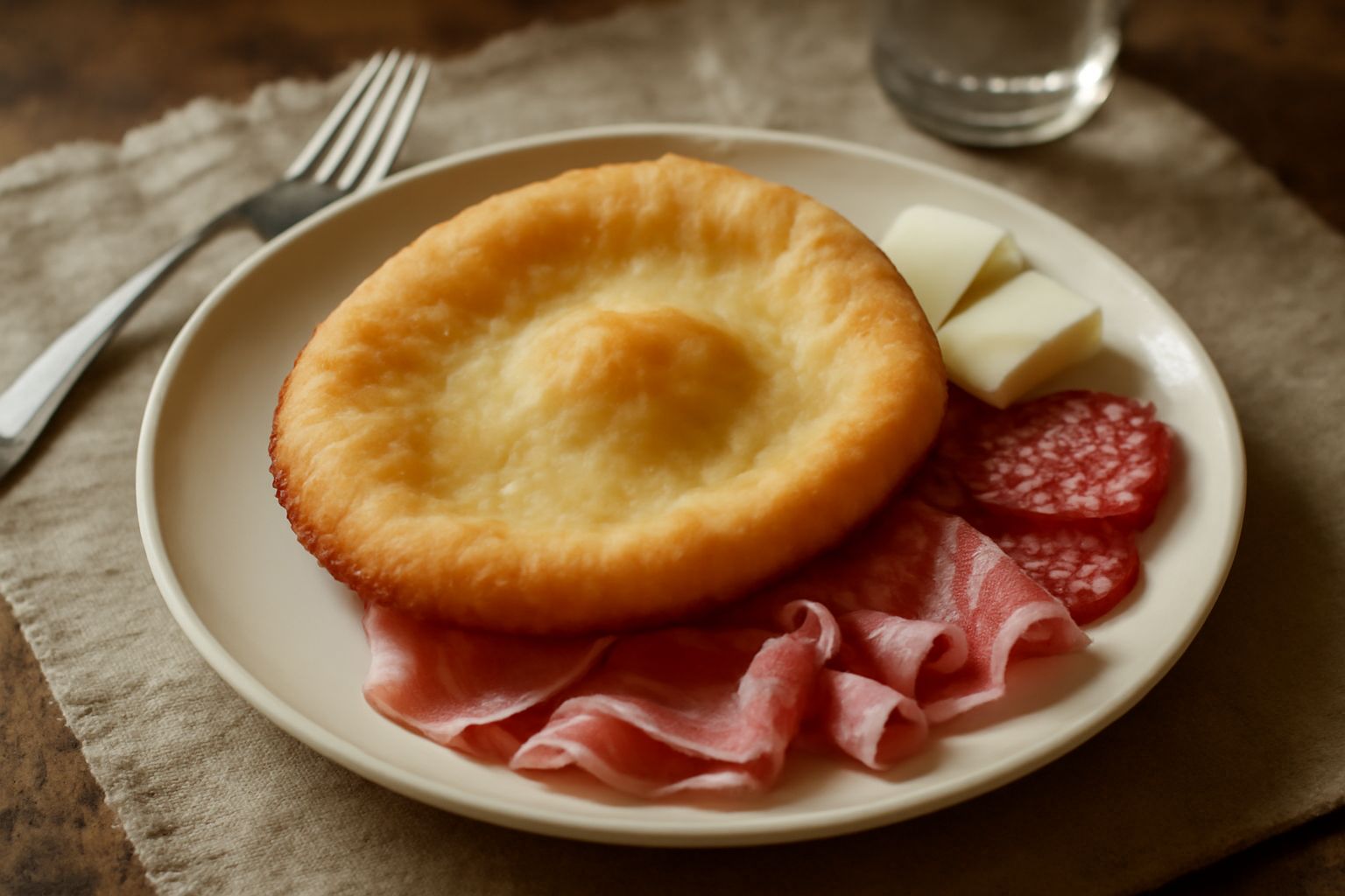 Crescentina modenese dorata e croccante appena fritta, servita in un piatto bianco accanto a mortadella, coppa e un bicchiere di vino rosso, con vapore ancora visibile
