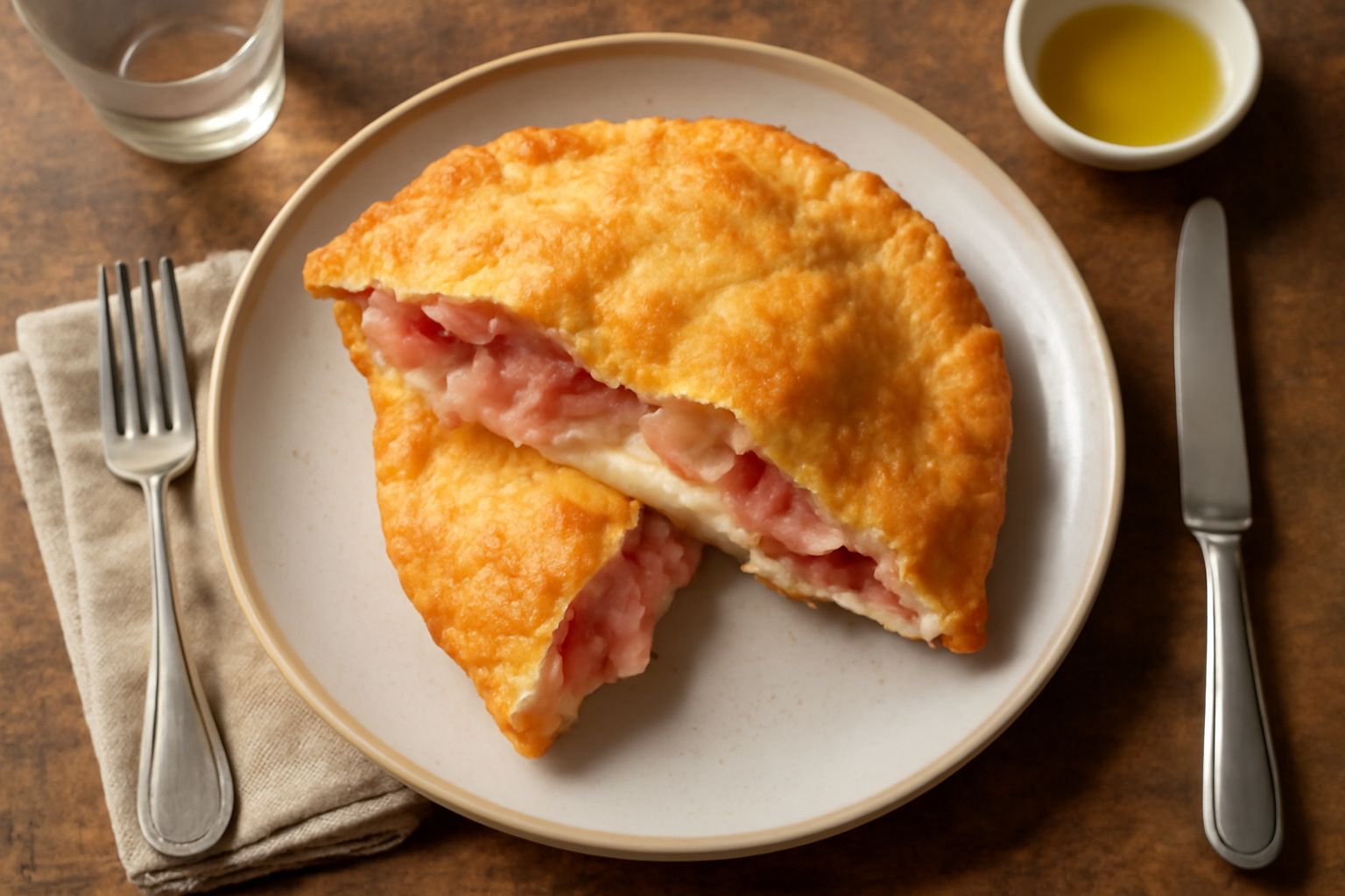 Crescentina ripiena tagliata in due, che mostra il ripieno di prosciutto cotto, formaggio filante e mortadella, con la crosta dorata e croccante