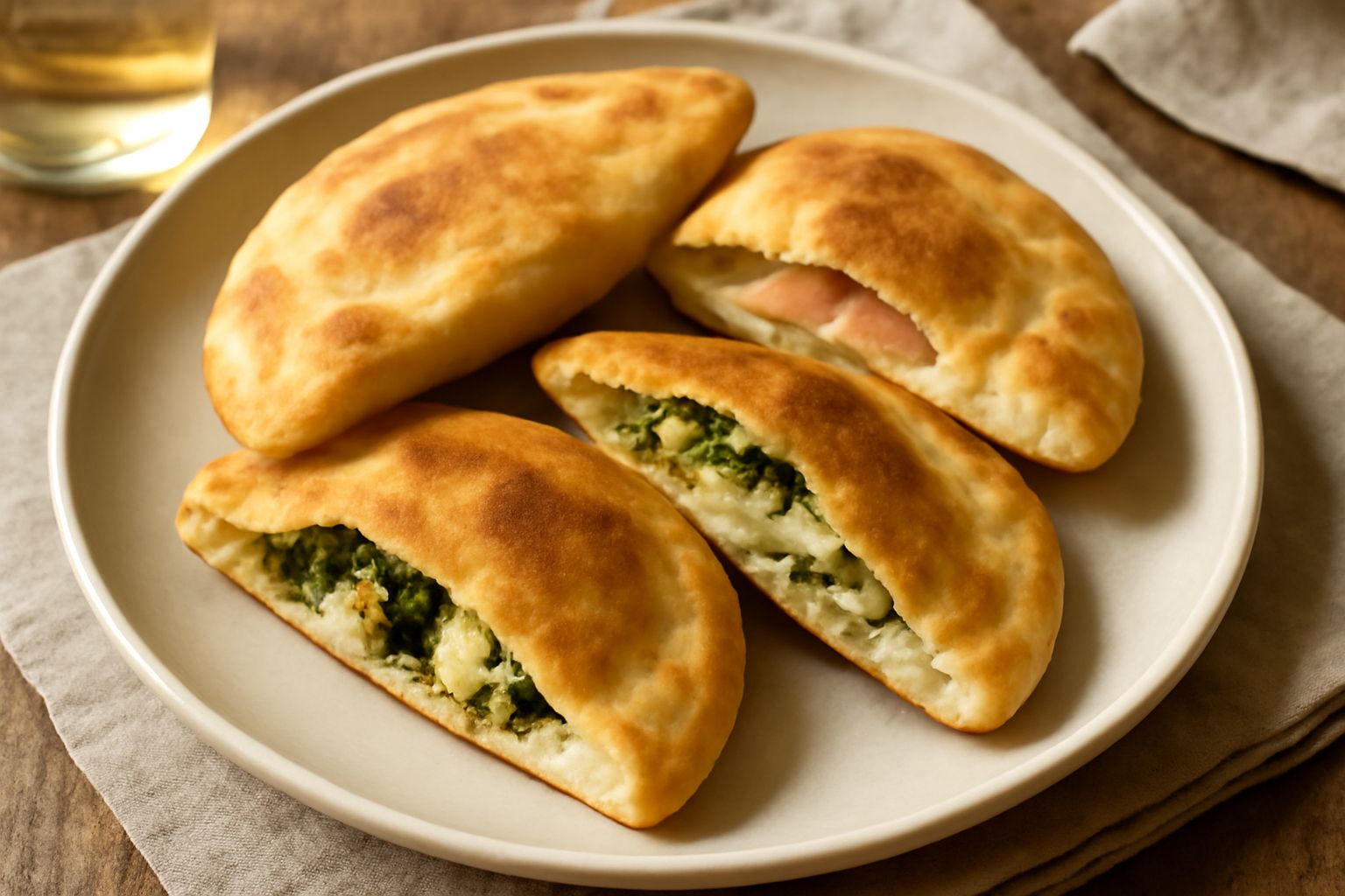 Tre crescentine dorate e croccanti aperte sul piatto, farcite con prosciutto crudo e stracchino, ancora fumanti appena uscite dalla padella, in primo piano