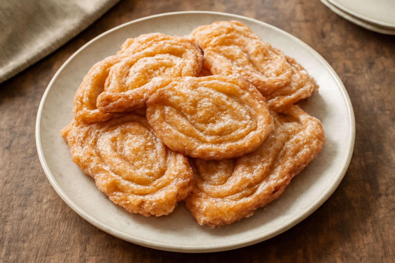 Crescentini dolci dorati e croccanti spolvati di zucchero semolato bianco, impilati in una ciotola bianca, con sfondo neutro chiaro