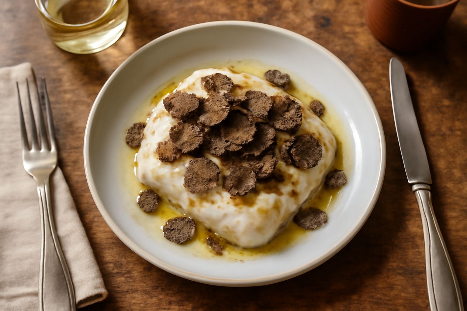 Crescenza bianca cremosa con scaglie nere di tartufo sparse sulla superficie, servita in una ciotola di ceramica con accanto fette di pane tostato e tartufo intero nero