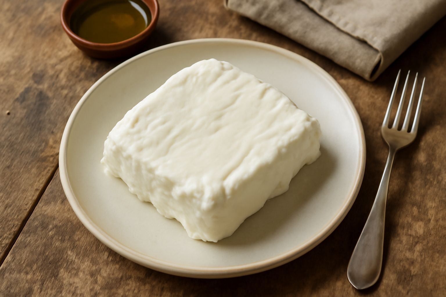 Crescenza fresca bianca e cremosa in una ciotola di vetro, con accanto un cucchiaio di legno e foglie di basilico fresco su tavolo di legno naturale