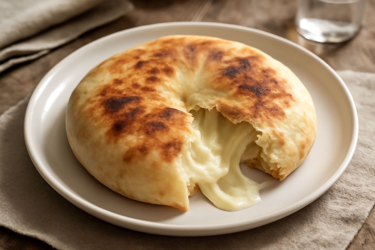 Crescia tondeggiante dorata divisa a metà su un piatto bianco, con formaggio fuso e salumi visibili all interno, fumo ancora caldo che sale dalla pasta