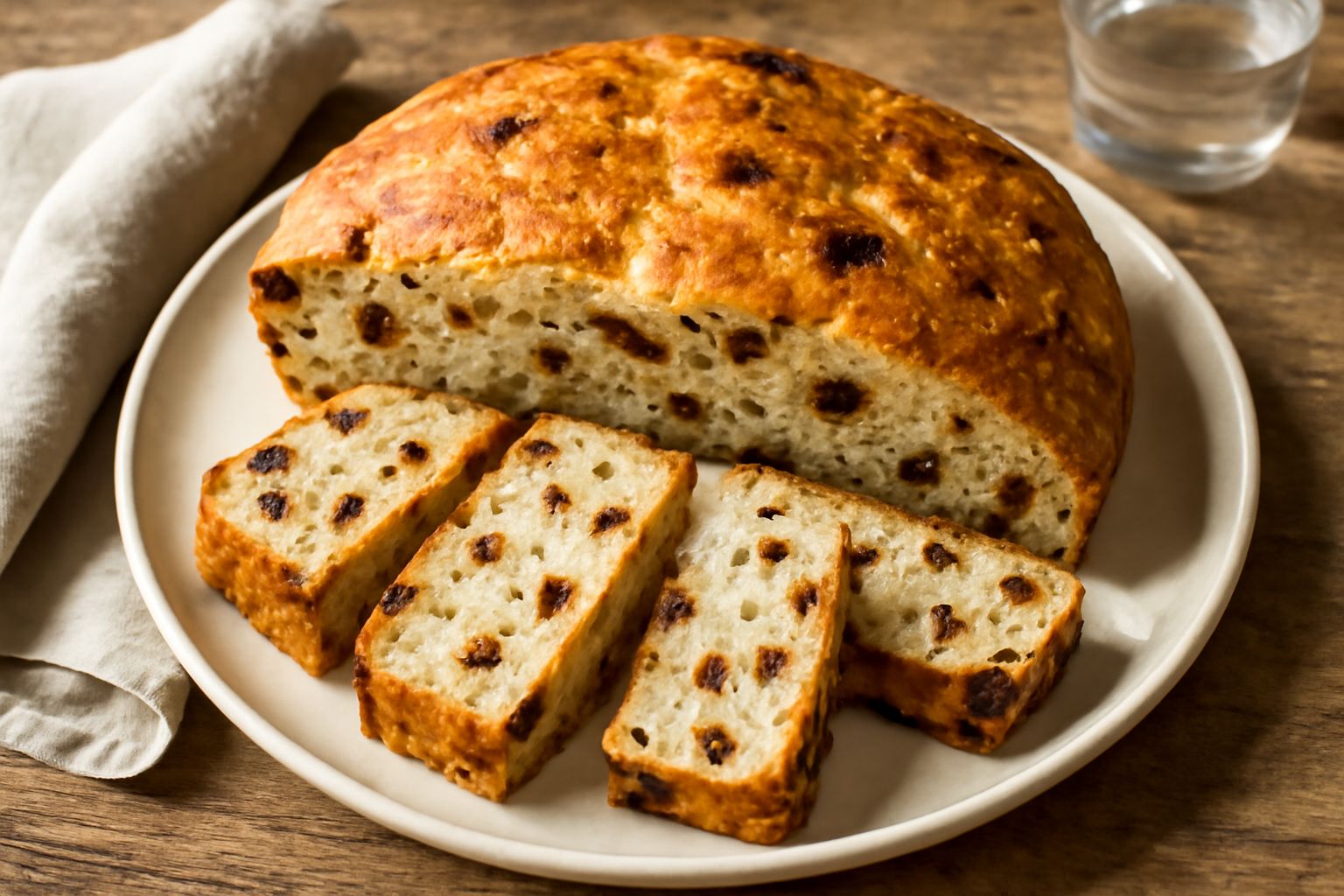 Pane toscano dorato e fragrante su tagliere di legno, tagliato in fette spesse che mostrano l'interno morbido punteggiato di ciccioli scuri di maiale croccanti