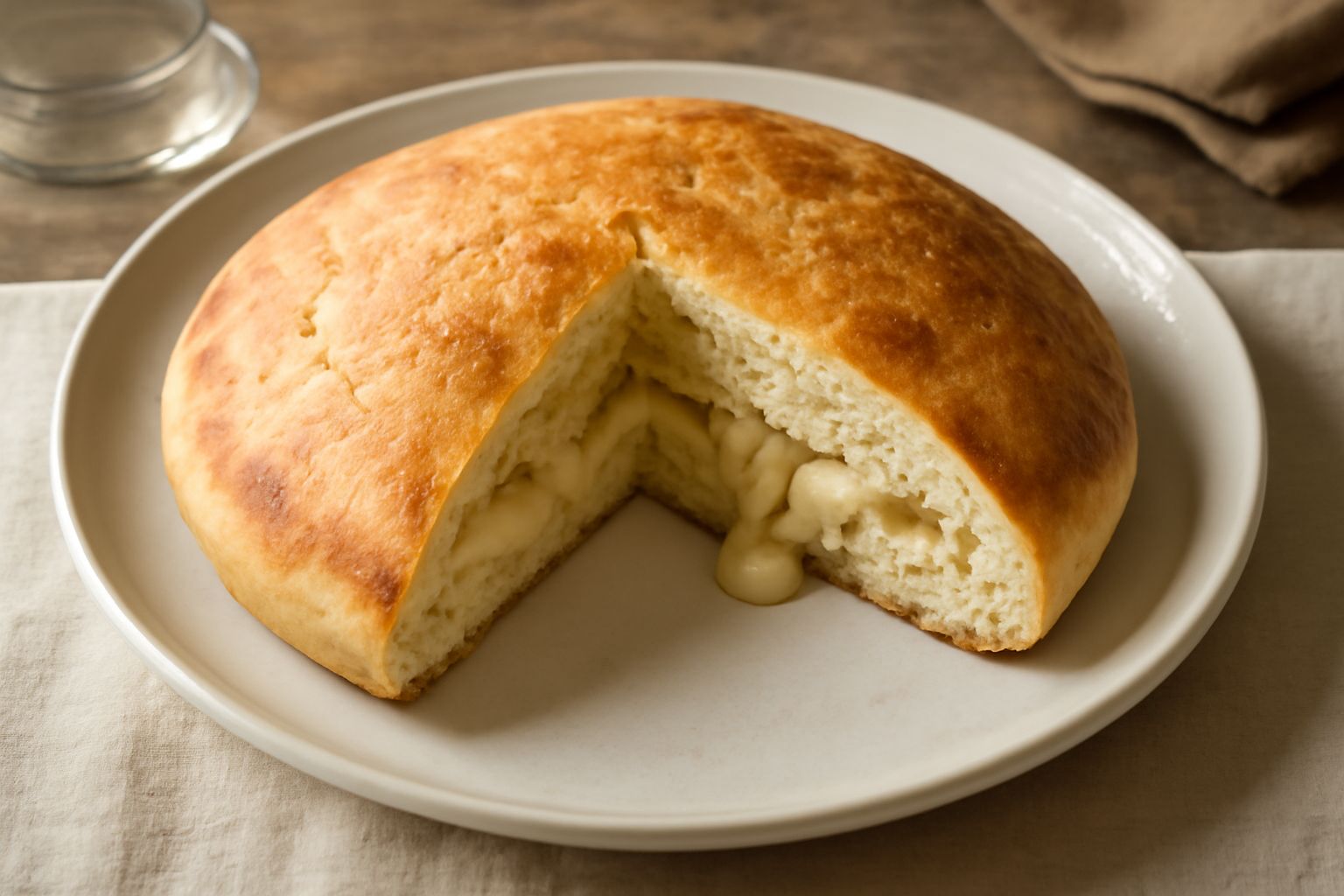 Crescia spaccata a metà su un vassoio, ripiena di formaggio cremoso beige con piccole crepe caratteristiche, bordo dorato croccante, accompagnata da una fetta di prosciutto