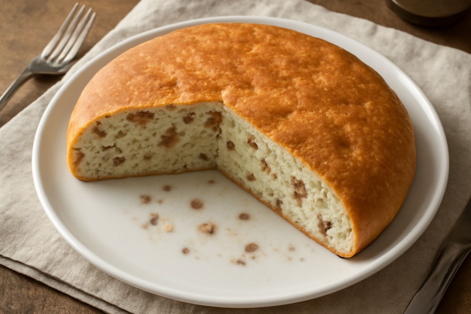 Pagnotta rotonda di crescia di Fermo dorata e leggermente croccante in superficie, tagliata a metà che mostra l'interno bianco crema con i ciccioli di maiale sparsi, appoggiata su una tovaglia di lino