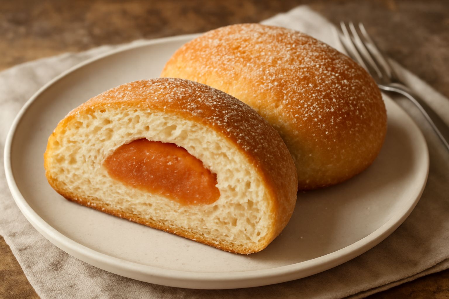 Crescia di melacotogna con superficie dorata e croccante, tagliata a fette per mostrare il ripieno rosa-arancio della melacotogna all'interno, su piatto bianco con guarnizione di zucchero semolato.