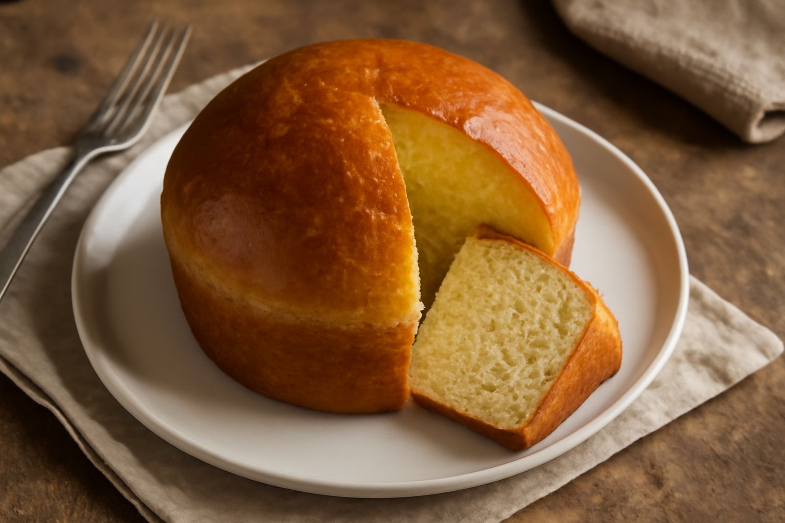 Crescia di Pasqua dorata e gonfia appena sfornata, posizionata su carta bianca, con sfogliature leggere in superficie e taglio obliquo che mostra la miga soffice beige con puntini bianchi di formaggio