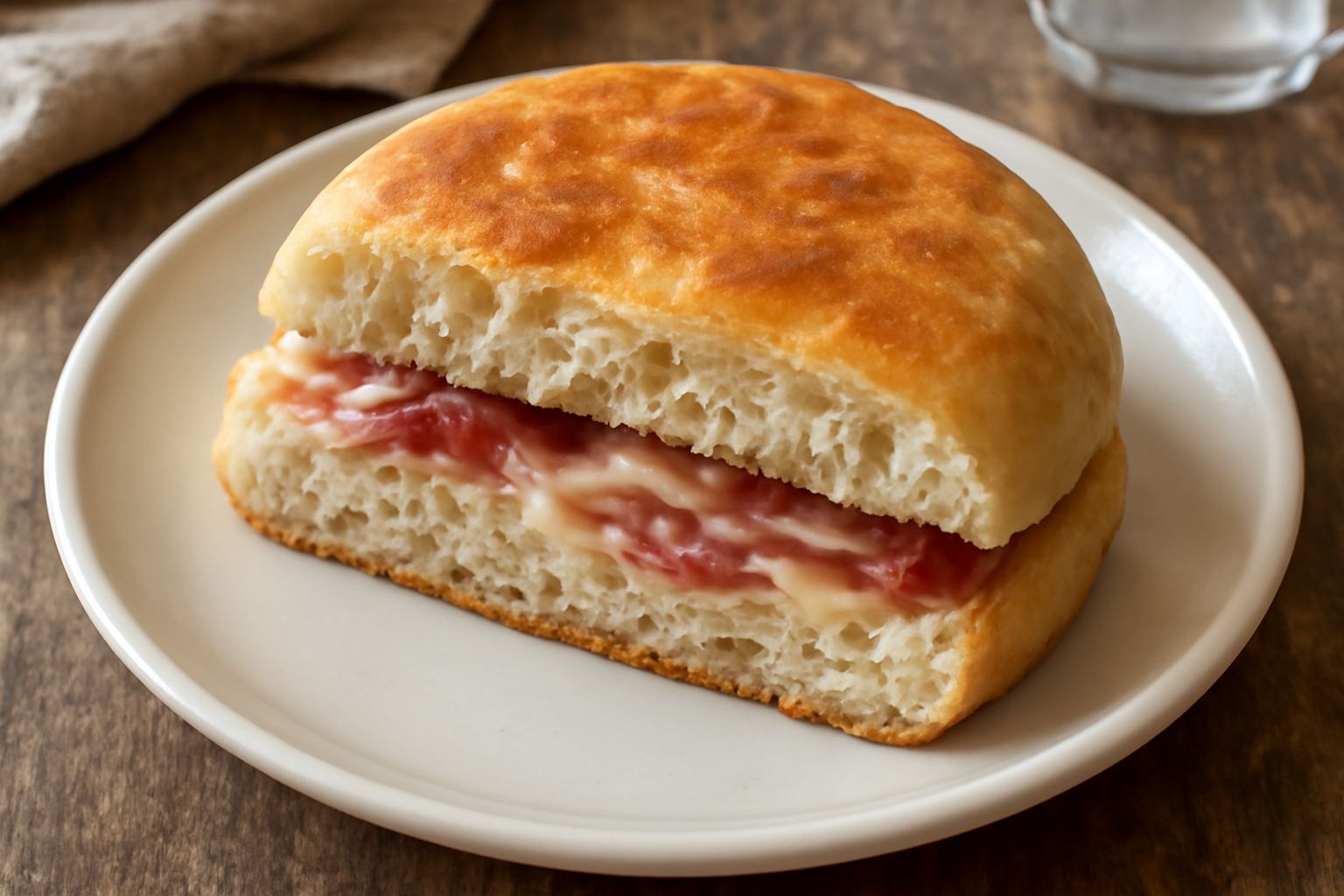 Crescia di Pesaro aperta nel mezzo, ripiena di verdure fresche e formaggio, servita su un piatto bianco con pomodori e basilico accanto