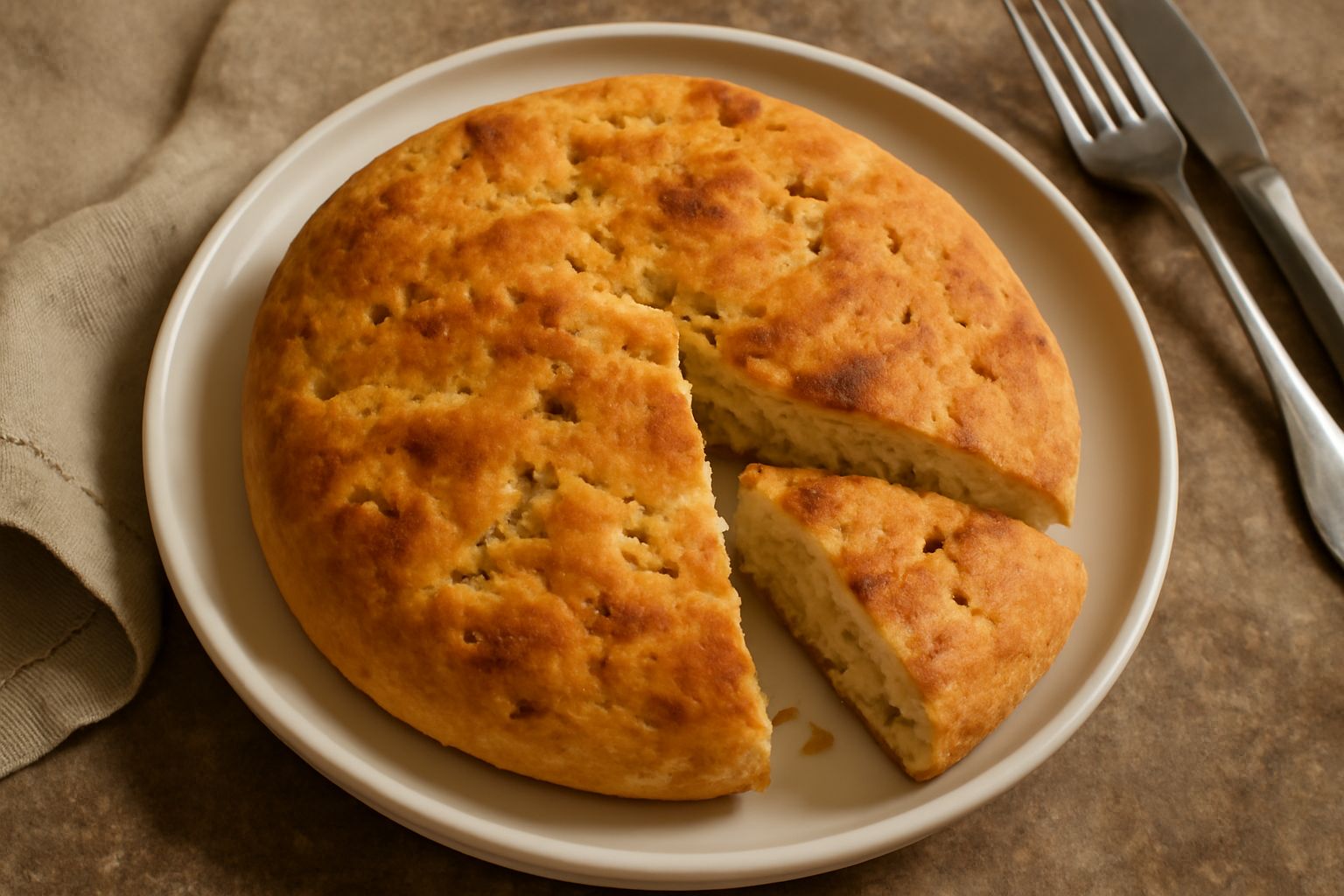 Pane lievitato color dorato con superficie leggermente rugosa e semi d'anice visibili, tagliato in fette, su un piatto bianco con una tazza di caffè