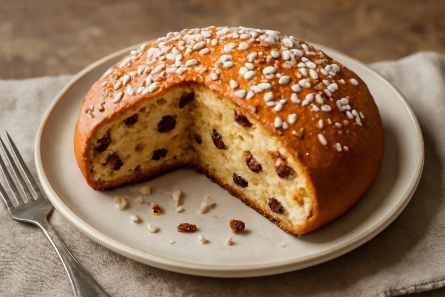 Crescia dolce affettata su tavolo di legno, pane dal colore dorato e burroso, con visibili frutti secchi e canditi all'interno, miglierine bianche di zucchero in superficie