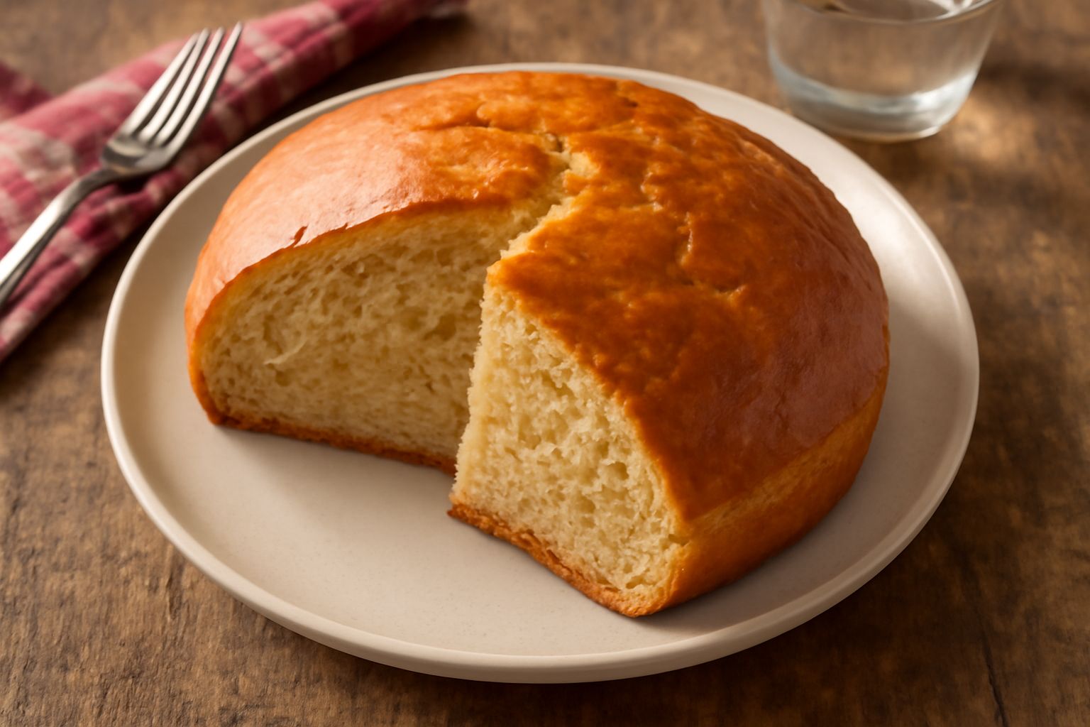 Crescia fermana appena sfornata, di colore dorato intenso, a forma di ciambella compatta, posta su una tavola di legno con una tazza di caffè accanto