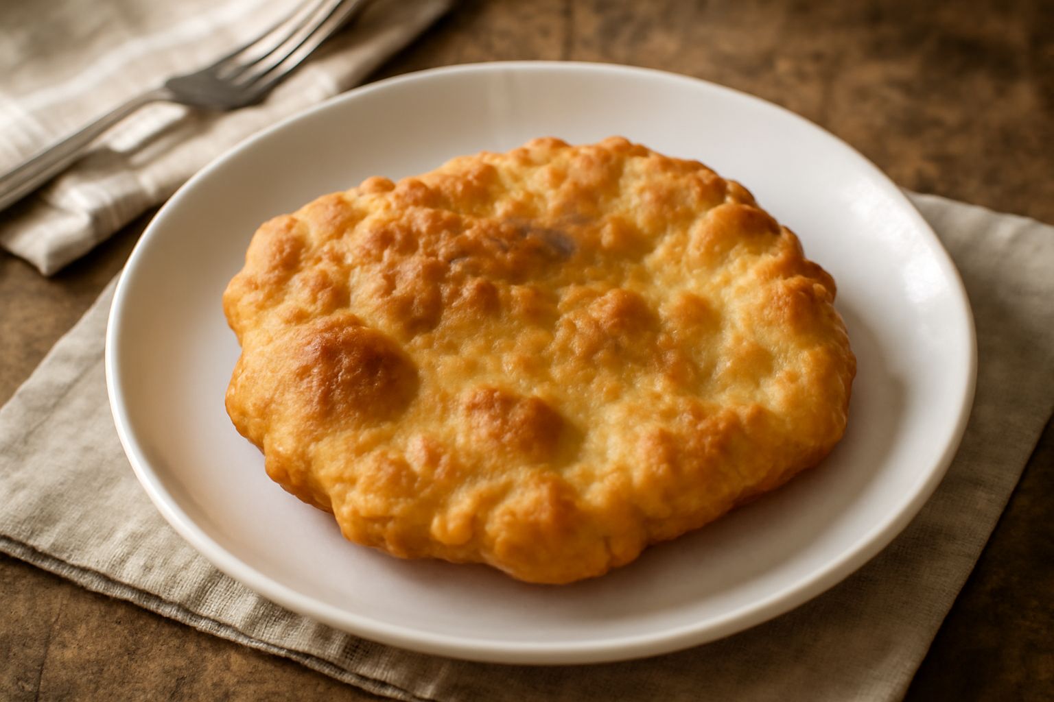 Crescia fritta dorata e croccante, appena uscita dall'olio, servita su un piatto bianco con un'altra crescia ancora calda sullo sfondo, superficie bubbolata e leggera