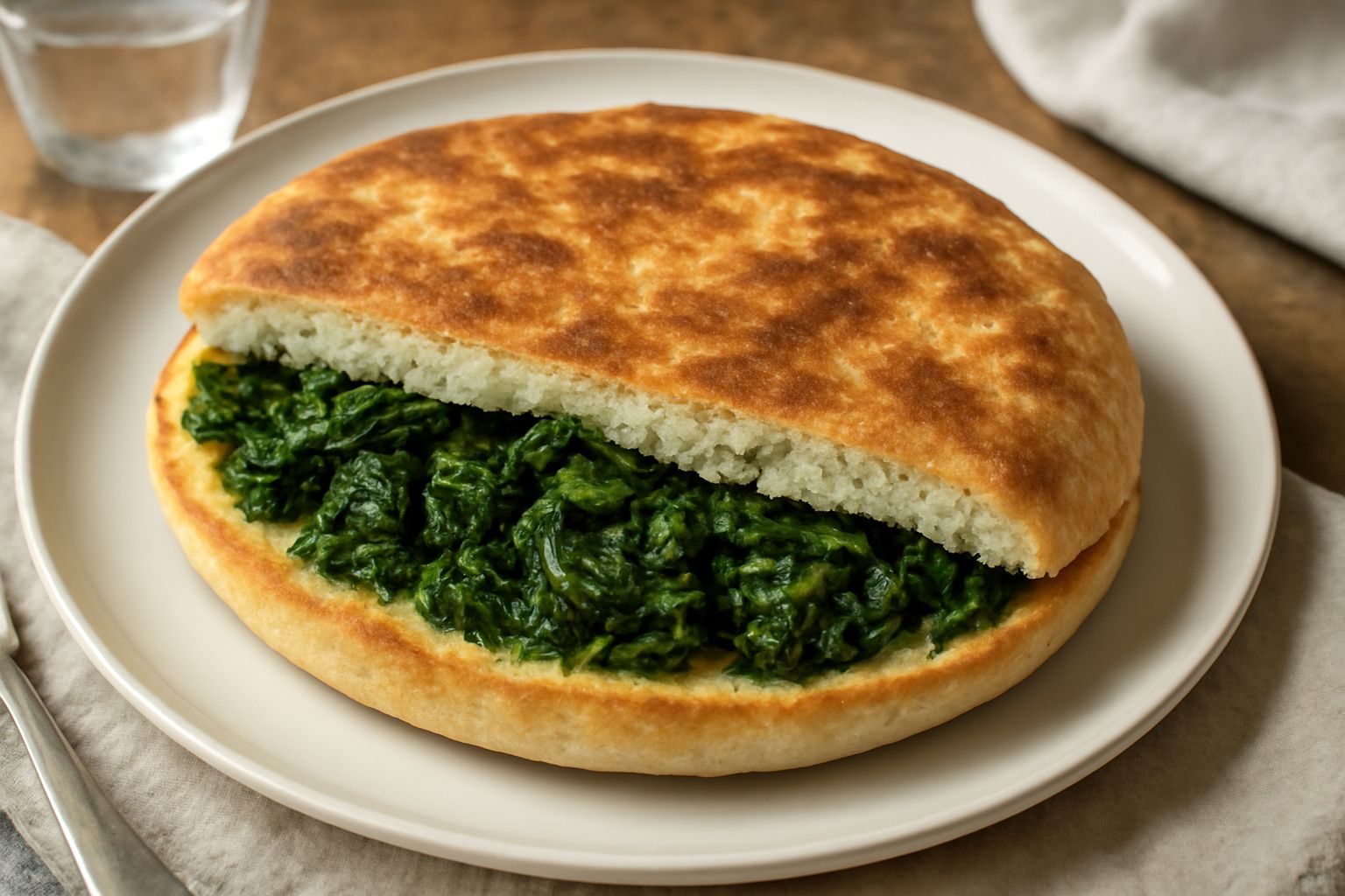 Crescia tonda di pane bianco appena sfornata, tagliata a metà e farcita con verdure verdi sminuzzate e lucide d'olio, posata su un tavolo in legno rustico con un panno di lino bianco