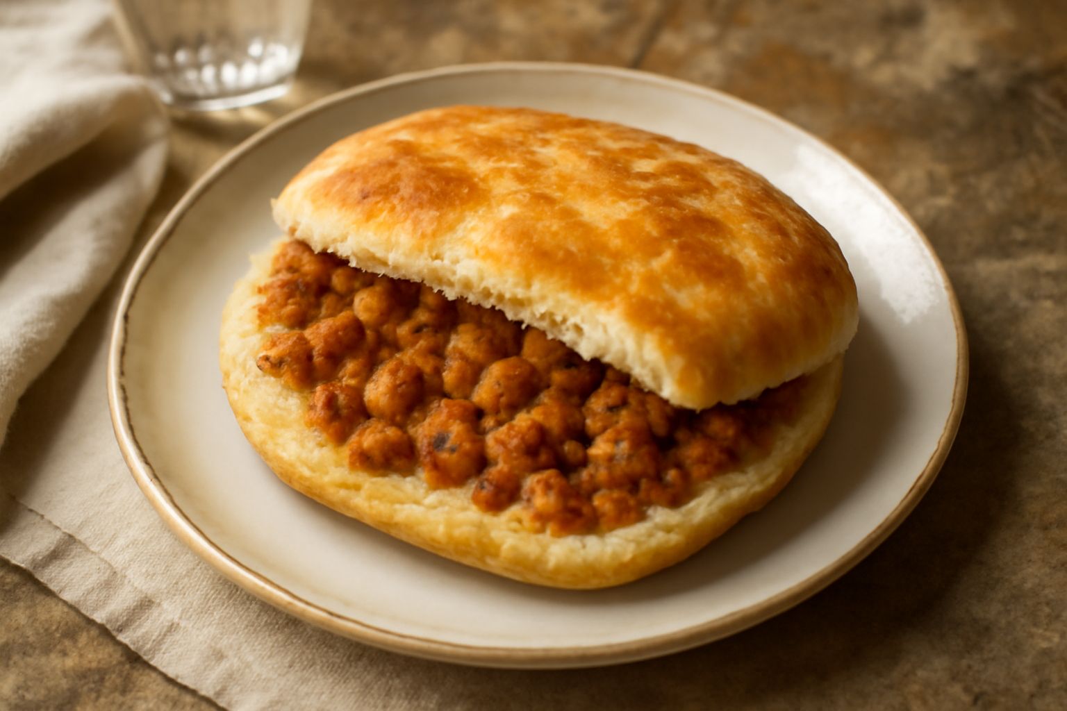 Crescia ripiena di ciccioli spezzata a metà su un piatto bianco, visibile il ripieno di ciccioli dorati e croccanti, superficie della focaccia dorata e leggermente oleosa