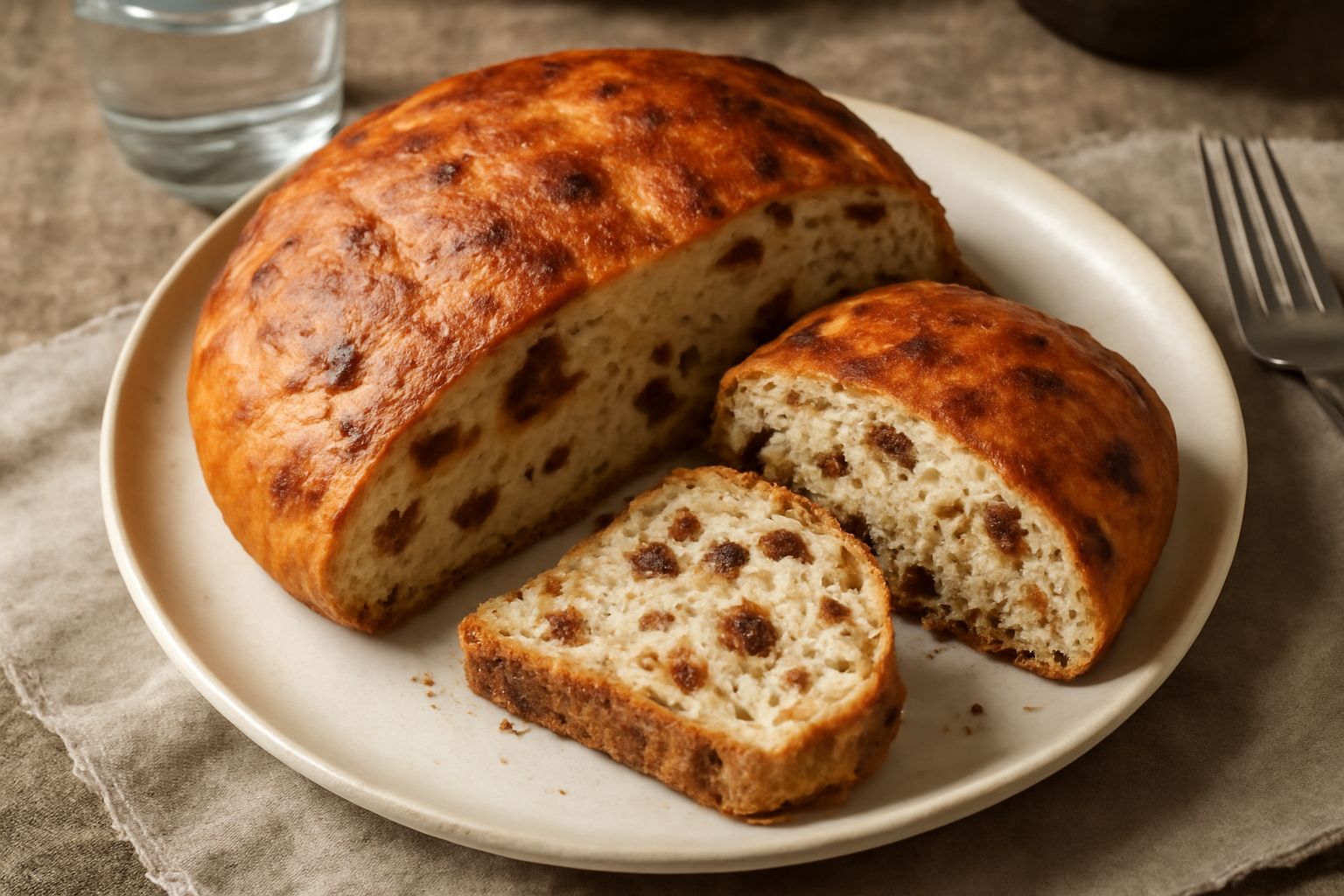 Una crescia ripiena di cicoli su un piatto bianco, tagliata in due metà, mostra la superficie croccante dorata e il ripieno di cicoli scuri e croccanti ben distribuito all'interno