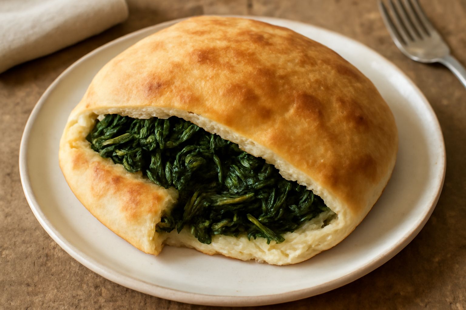 Una crescia ripiena di cicoria spaccata a metà, che mostra l'interno con la cicoria verde e amarognola, il pane biondo e soffice, servita su un piatto di ceramica bianca con un filo di olio d'oliva to