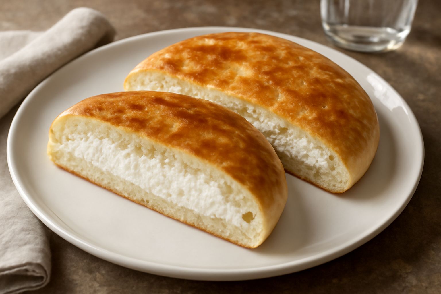Una crescia ripiena tagliata a metà su un piatto bianco, che mostra il ripieno di ricotta cremosa bianca e il pane dorato leggermente spugnoso, con una tazza di caffè accanto