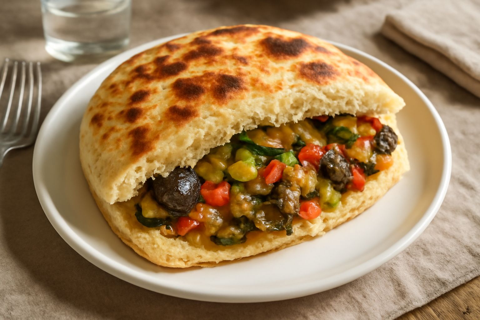 Crescia dorata e gonfia in padella, appena cotta, riempita di verdure verdi e colorate visibili nel taglio trasversale, servita su piatto bianco con ortaggi freschi intorno