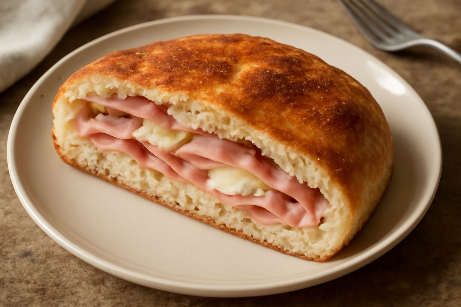 Una crescia ripiena tagliata a metà mostra il ripieno di mortadella e formaggio, con crosta dorata e un filo di olio d'oliva. Posta su una tavola di legno con rosmarino fresco accanto.