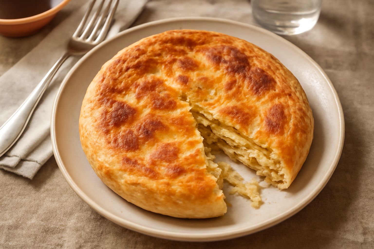 Crescia sfogliata spezzata in due mostrando gli strati dorati e croccanti, con una leggera doratura sulla superficie, servita su piatto bianco con grani di sale visibili