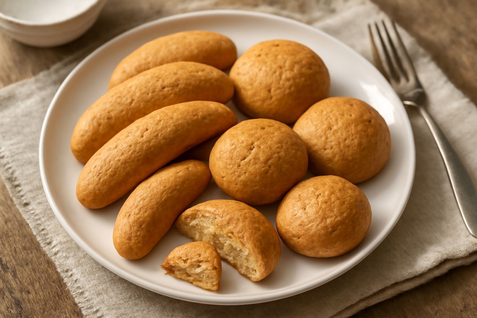 Crescine dorate e croccanti su un piatto bianco, disposte in cerchio, dal colore marrone chiaro e superficie porosa visibile