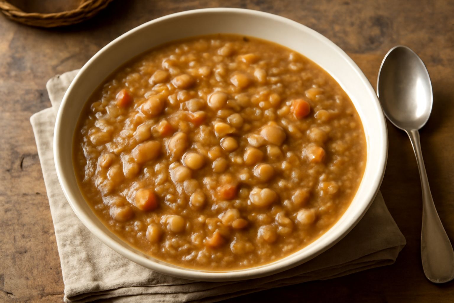 Una ciotola di ceramica beige piena di zuppa cremosa marrone chiaro, con chicchi d'orzo visibili, fagioli bianchi e pezzi di verdure in brodo denso, guarnita con olio d'oliva verde e prezzemolo fresco
