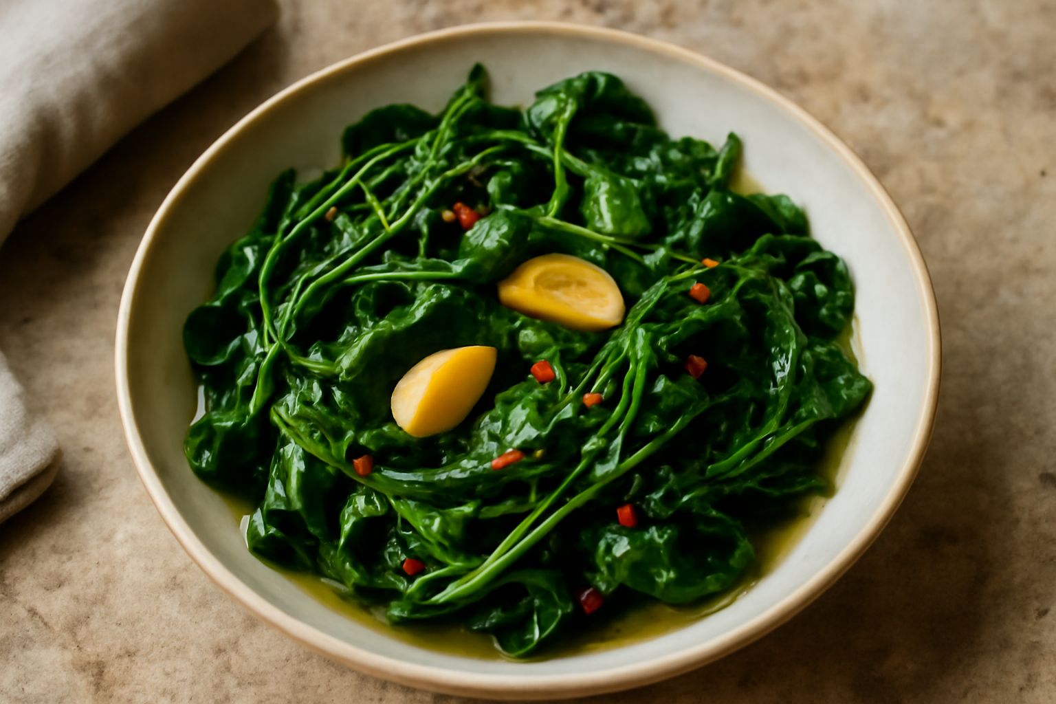 Crescione cotto all'aceto in un piatto bianco, foglie verde scuro ancora croccanti, brillanti di aceto e olio, con spicchi d'aglio dorato e peperoncino rosso sparso in superficie