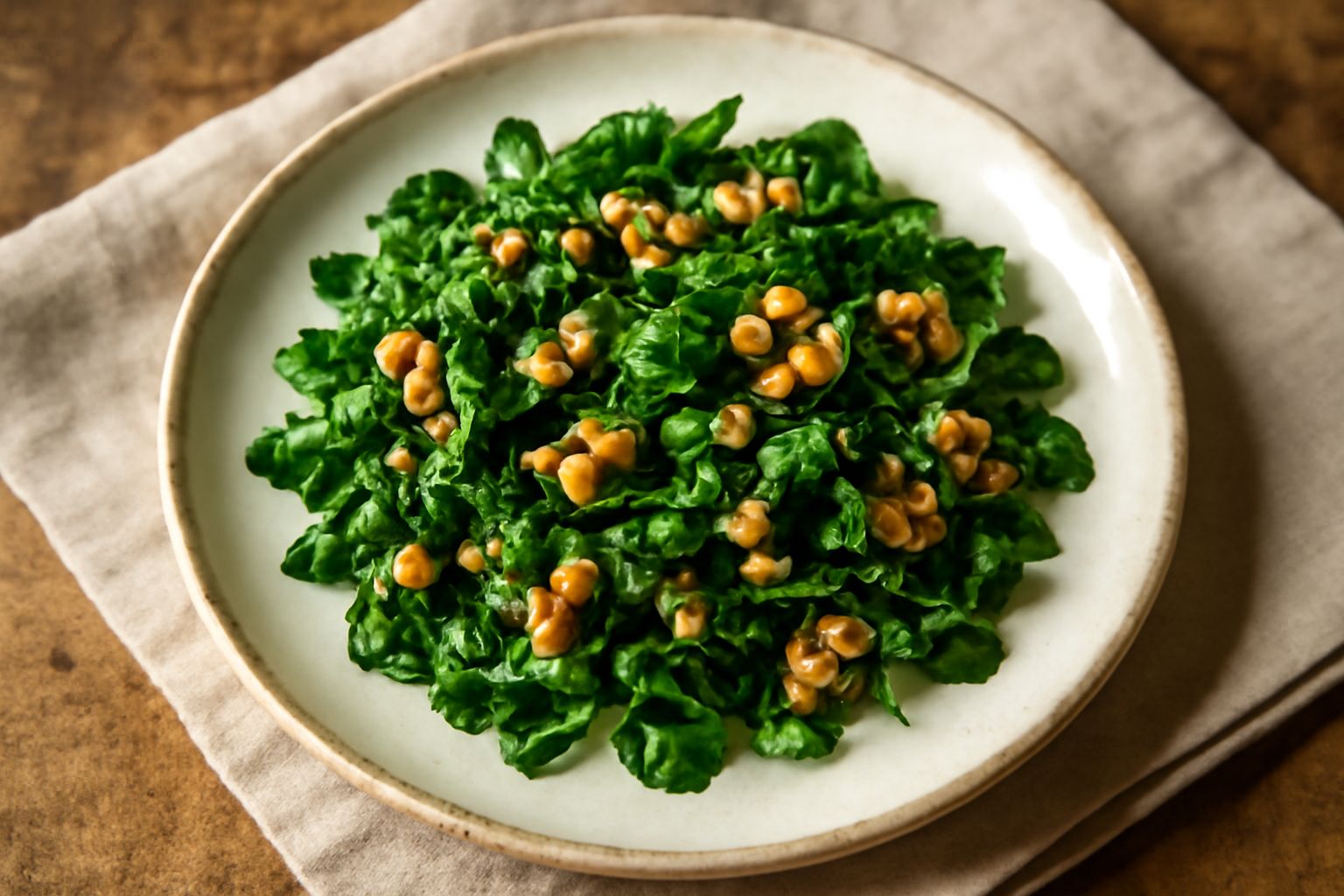 Crescione verde intenso e frondoso disposto nel piatto bianco, sparso di pezzi di noce tostati, condito con olio d'oliva dorato e una spruzzata di sale marino.