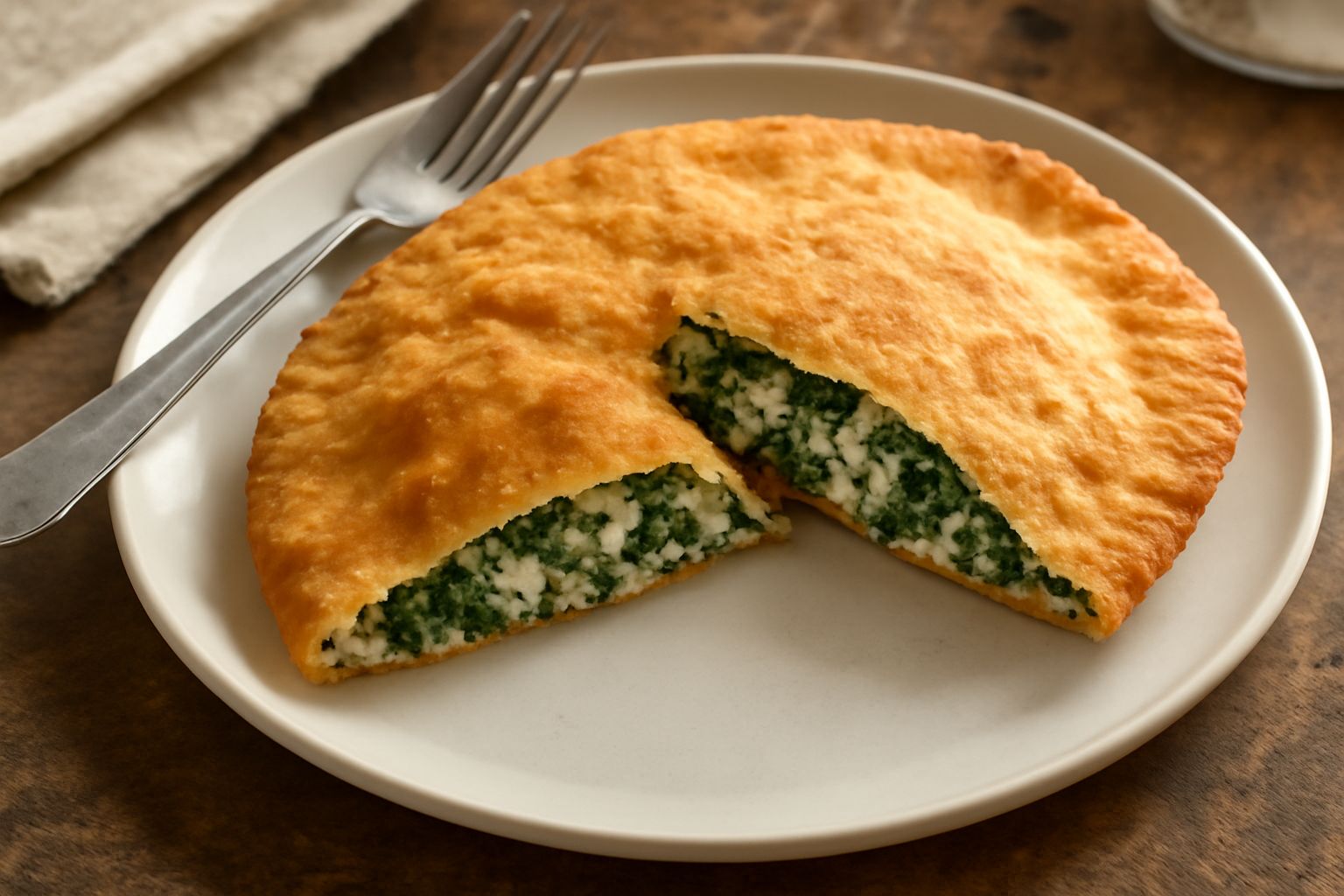 Due crescioni bolognesi dorati e croccanti su un piatto bianco, tagliati a metà per mostrare il ripieno verde di spinaci e ricotta, con una spolverata di Parmigiano