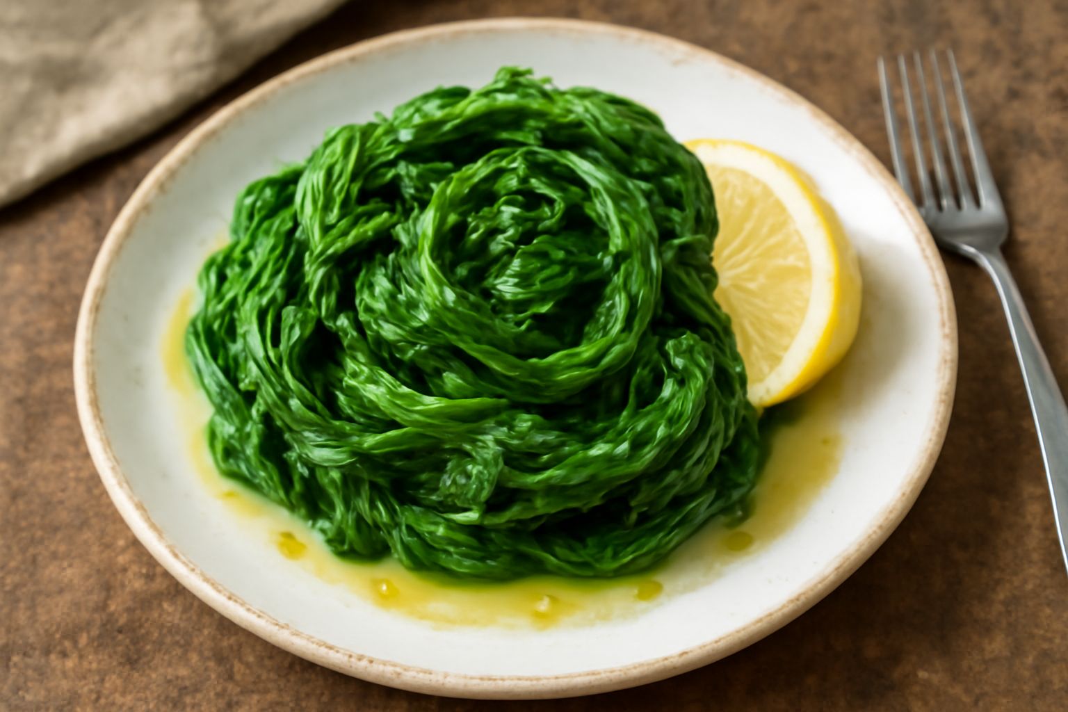 Piatto bianco con crescione di Gatteo lessato, foglie verde chiaro ben distese, condito con olio d'oliva dorato e gocce di limone fresco, guarnito con semi di sesamo bianco