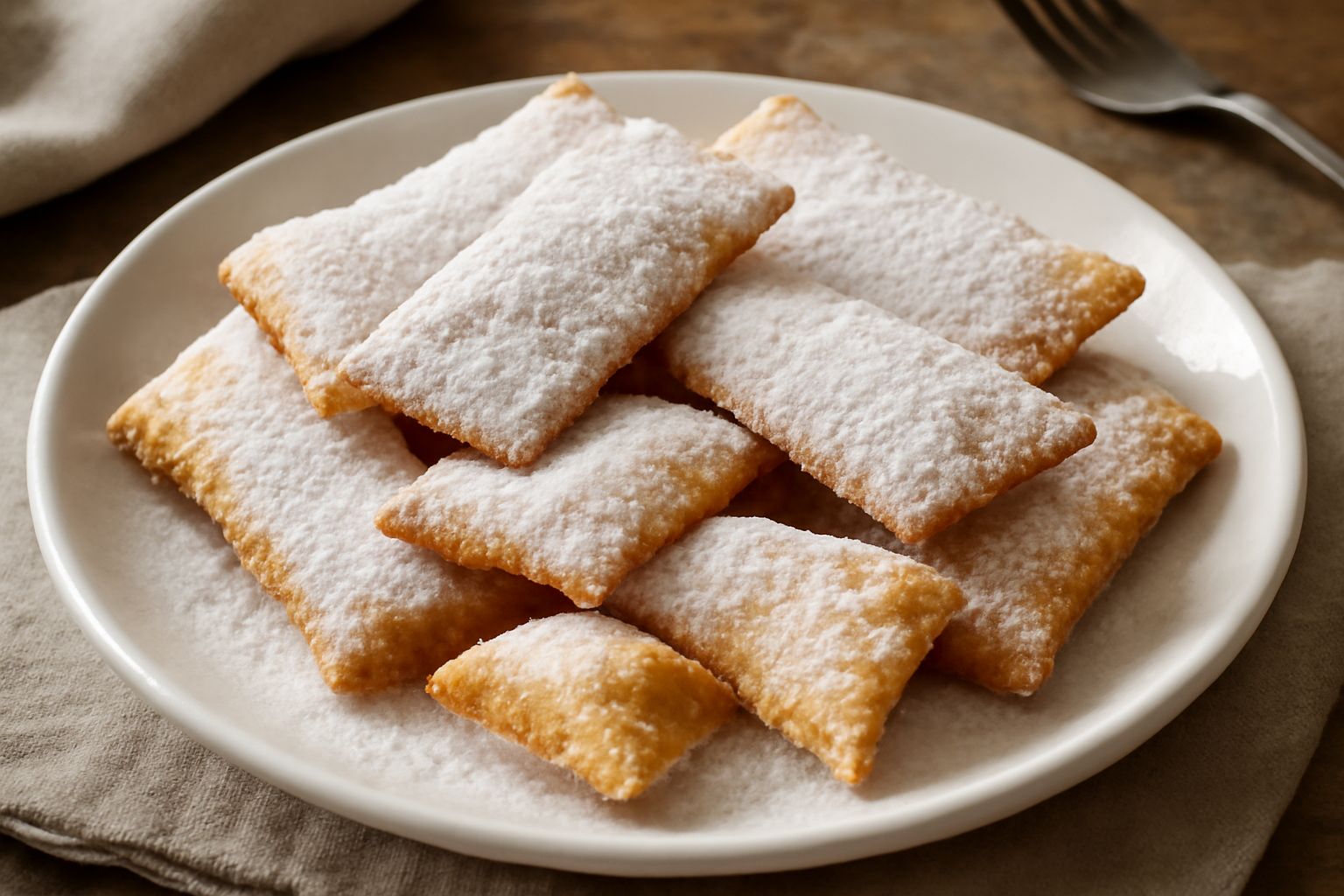 Crescione dolce dorato su un piatto bianco, ricoperto di zucchero a velo e cannella, tagliato a strisce croccanti, con una tazza di caffè sullo sfondo