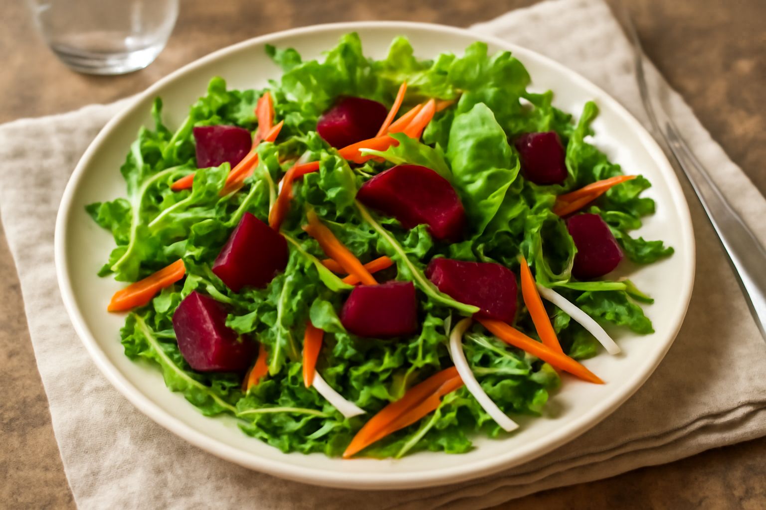Un piatto bianco con crescione friulano: miscela di verdure verdi come rucola e lattuga, strisce di carota arancione e barbabietola rosa, condite con olio d'oliva, presentato in tavola in luce natural