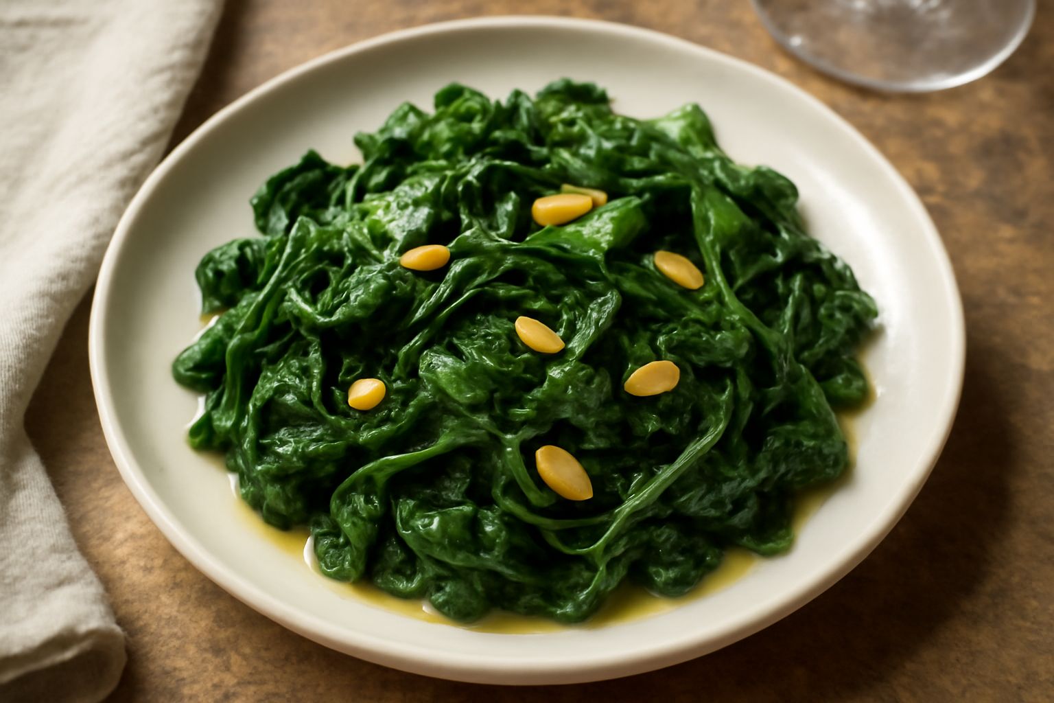 Crescione molisano saltato in padella, verde brillante con spicchi d'aglio dorati, servito in un piatto bianco con un filo d'olio d'oliva intorno