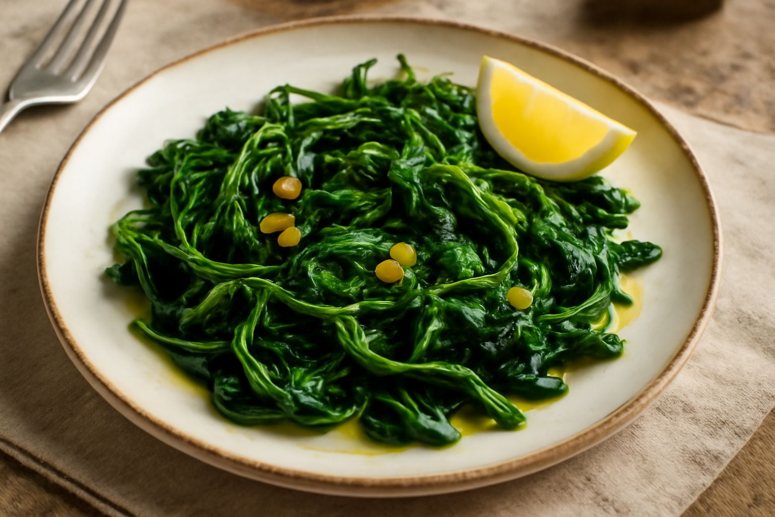 Piatto bianco con crescione verde scuro ripassato, aglio dorato in olio, limone fresco affettato sul bordo, vapore leggero che sale dal piatto