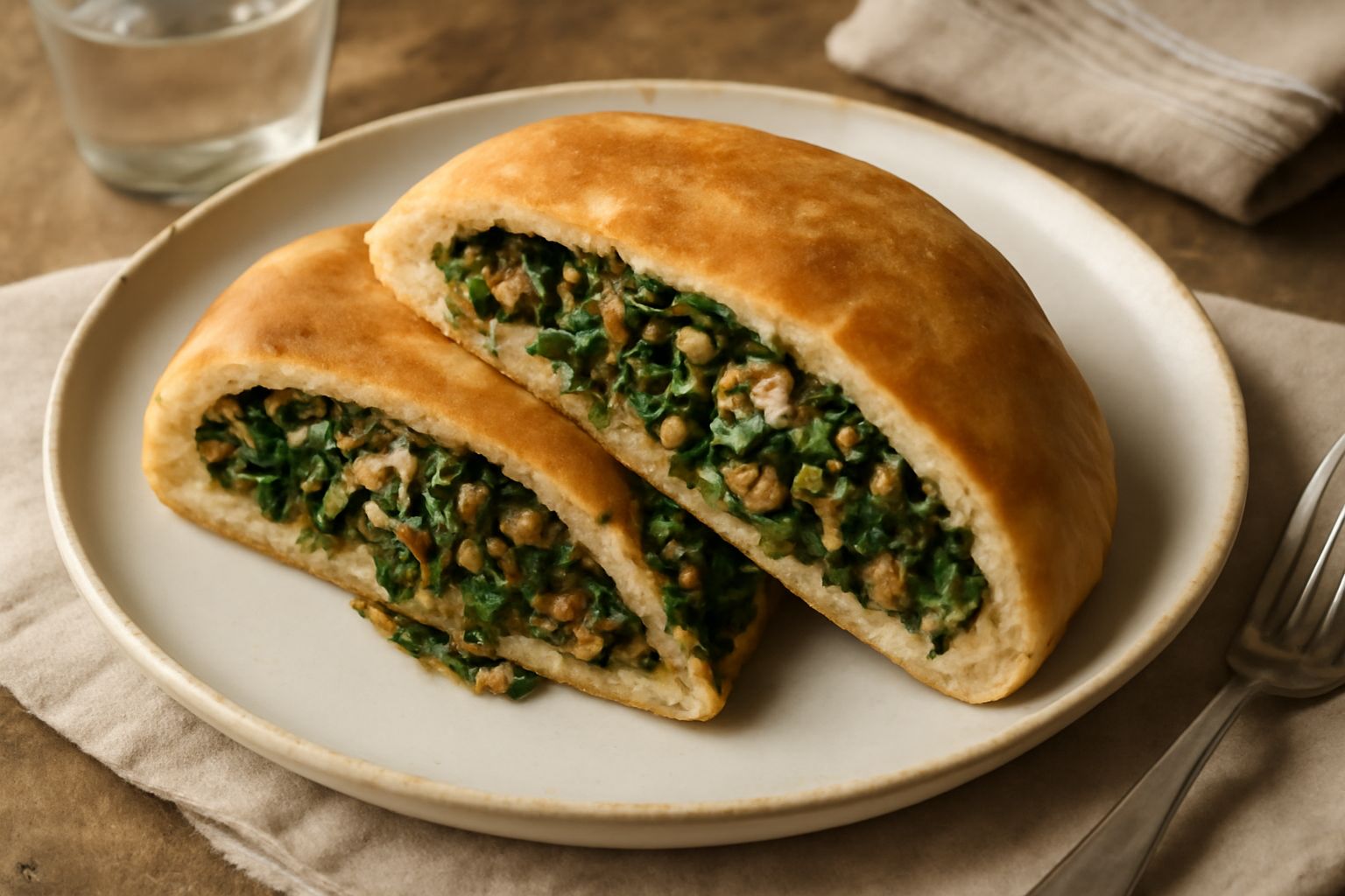 Crescione di magro appena sfornato, dorato in superficie, tagliato a fette di mezzo centimetro, ripieno visibile con verdure verdi e lenticchie, servito su piatto bianco con un filo di olio d'oliva