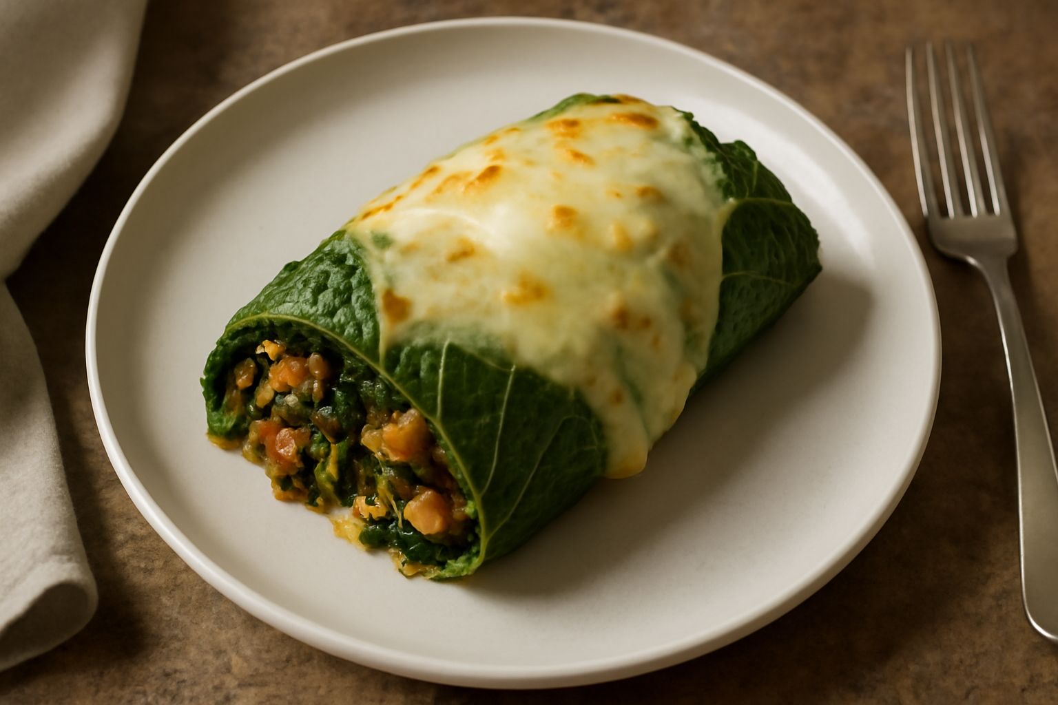 Crescione ripieno cotto al forno in teglia, foglie verde brillante rigate da ripieni di verdure arancioni e formaggio bianco dorato, guarnito con parmigiano grattuggiato sui bordi