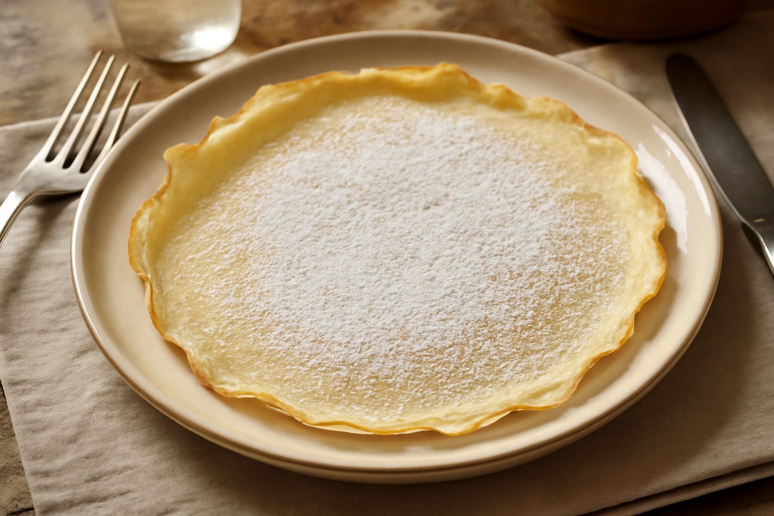 Tre crespelle arrotolate e impilate su un piatto bianco, dorate sui bordi, riempite di crema chiara, ornate con una spolverata di zucchero a velo