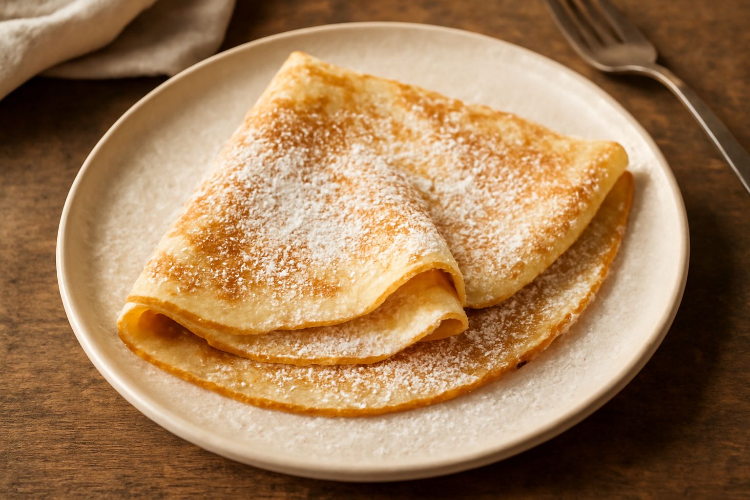 Una crespella dolce arrotolata sulla padella, dorata ai bordi con sfumature color nocciola, spolverata di zucchero a velo, servita nel piatto con una ciotola di marmellata rosso scuro accanto