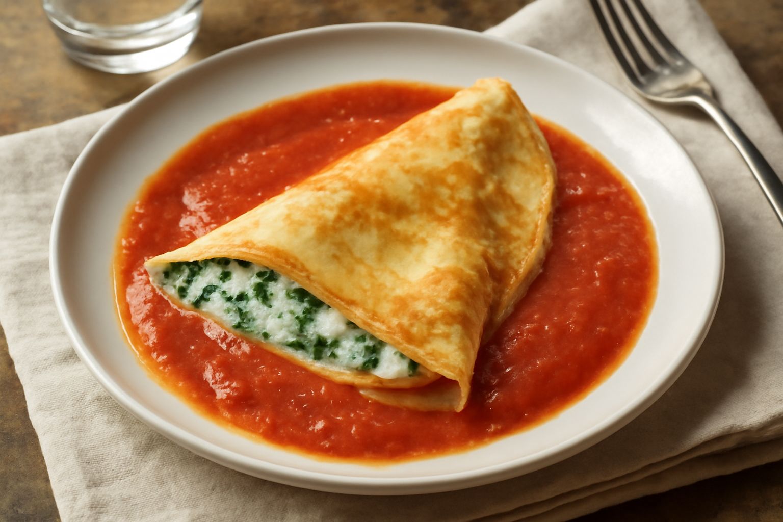 Tre crespelle ripiena piegate a triangolo su piatto bianco, coperte di salsa di pomodoro leggera con ricotta affiorante dal bordo, guarnite con basilico fresco verde